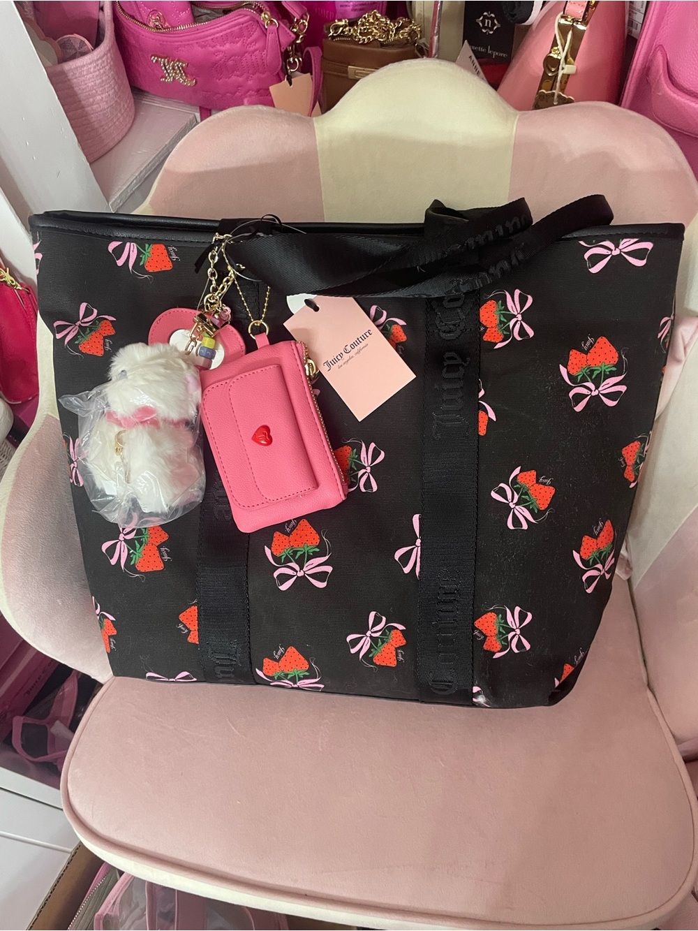 Juicy Couture Black Tote with Pink Strawberry Bow Print